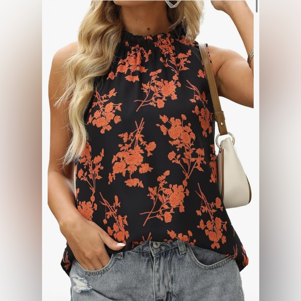 Allimy Medium Summer Ruffle Trim Neckline Sleeveless Top - Black and Orange